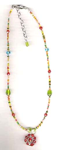 Birthday gift idea for girls  direct import online shop supply multi assorted color beads forming fashion necklace with red beads pendant. Nice color constrast creats an eyes-catching shiny effect!