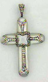 Intricate and bold silver-plated sunburst mother of pearl cross charm. An ancient cross of Celtic origin, the central pattern represent mystery and secret.